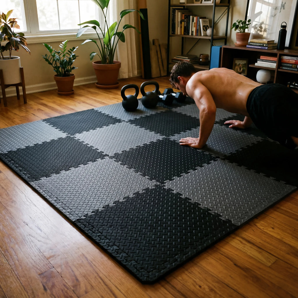 Gym Floor Mat for Home Workout Anti-Slip Rubber Exercise Mat with Interlocking Design, Durable Fitness Rug Weightlifting & Yoga