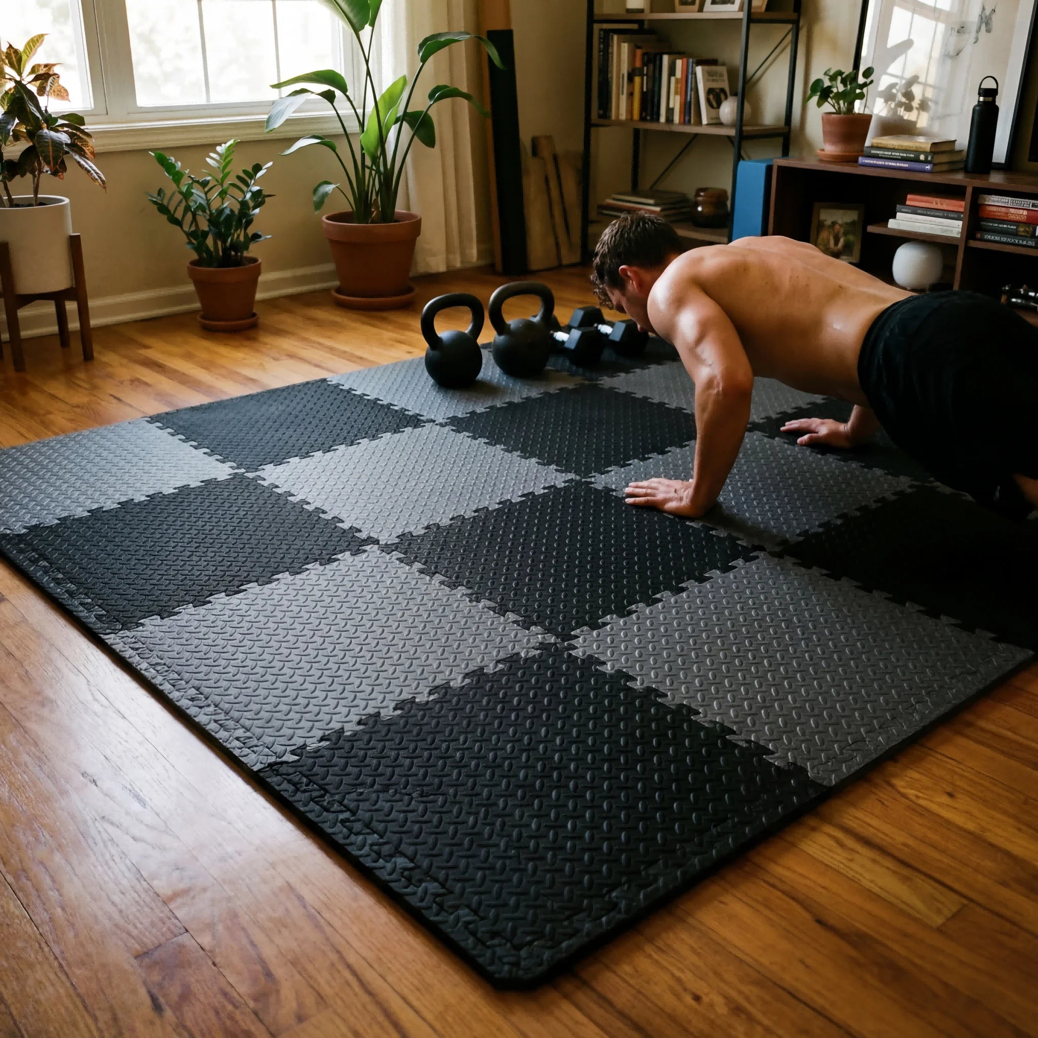 Gym Floor Mat for Home Workout Anti-Slip Rubber Exercise Mat with Interlocking Design, Durable Fitness Rug Weightlifting & Yoga