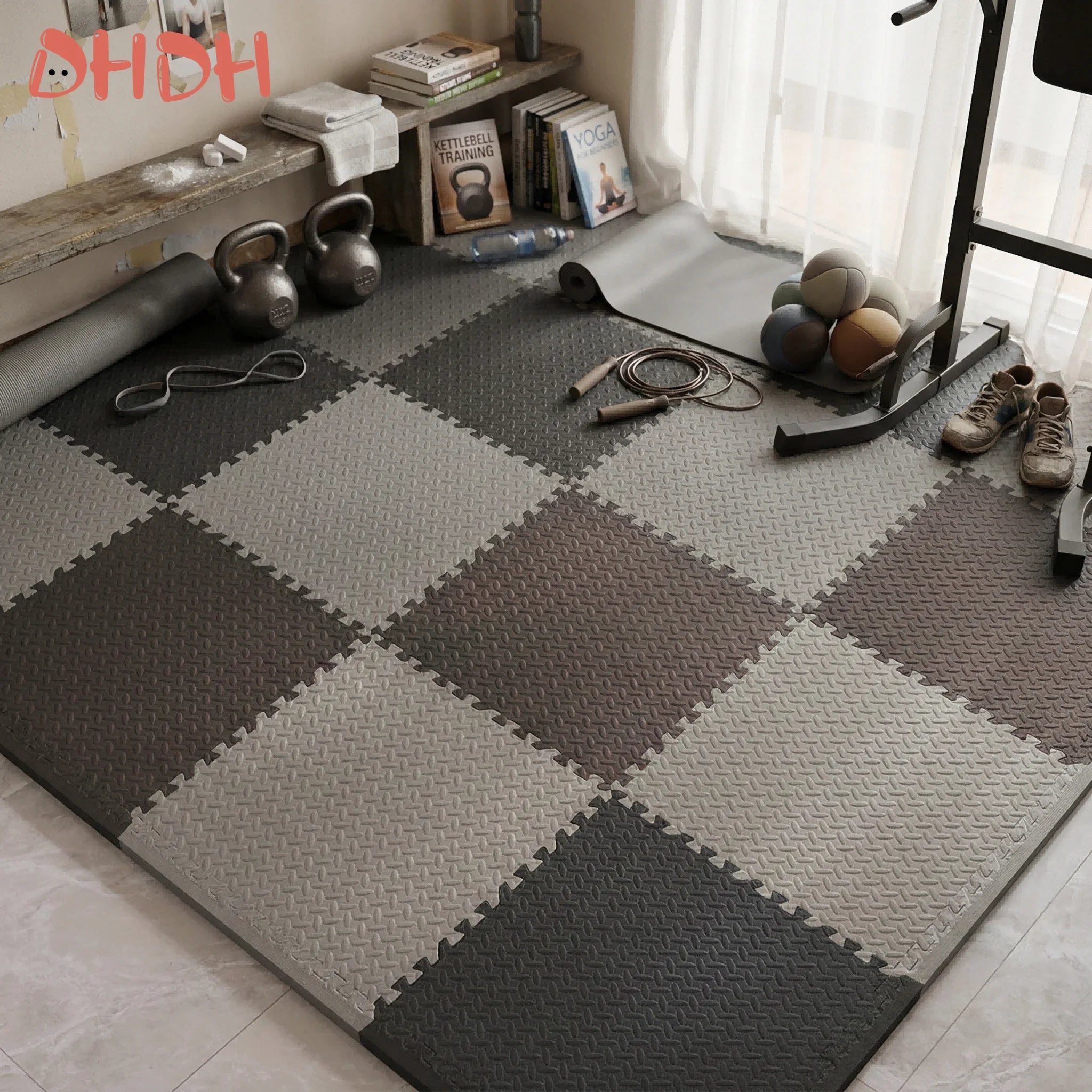 Gym Floor Mat for Home Workout Anti-Slip Rubber Exercise Mat with Interlocking Design, Durable Fitness Rug Weightlifting & Yoga